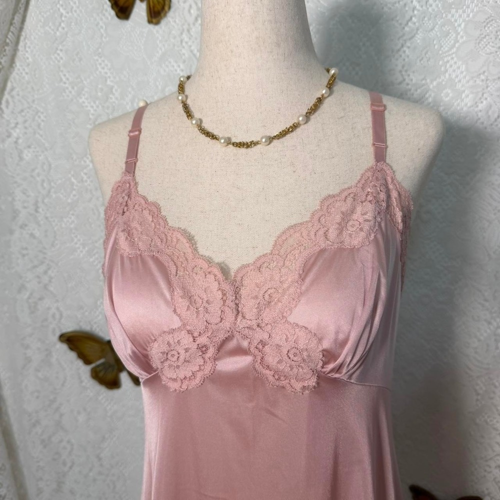 Baby Pink Satin Slip Dress With Lace Details - Picture 2 of 8